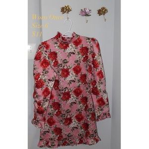 Lovely pink and red rose floral puff sleeve dress